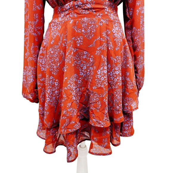 Red Floral Ruffle Hem Wrap Dress  Long Sleeves & Tie Waist By Dokotoo Size S - Picture 9 of 11
